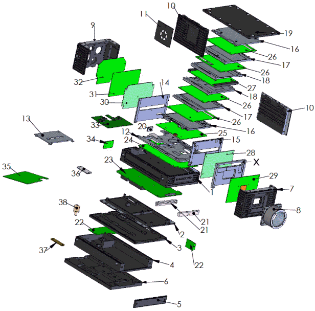 Exploded assembly drawing of the SpeedCam Visario g3 high-speed camera